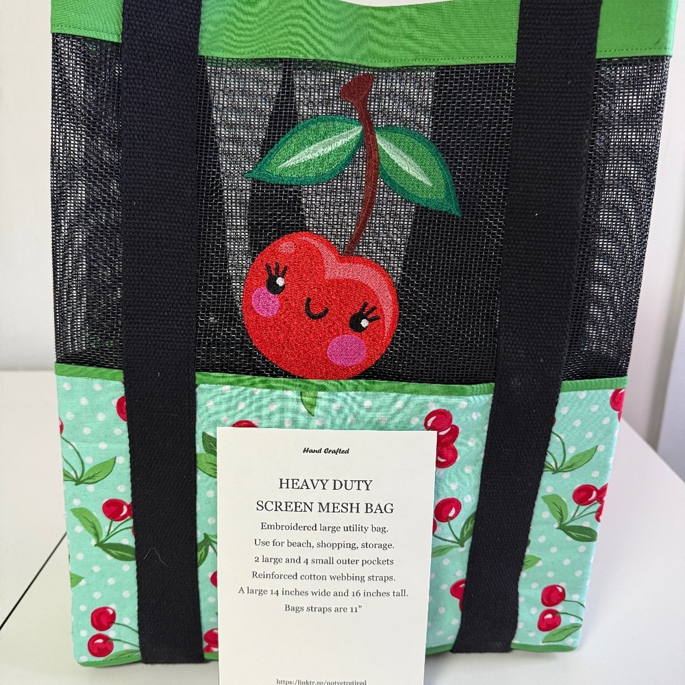 Large screen mesh embroidered tote bag with pockets